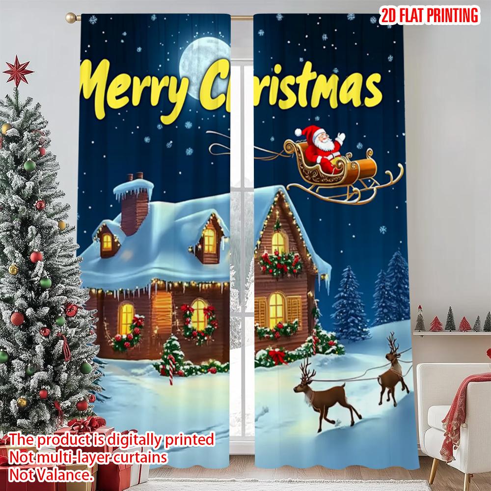 2pcs 2D Flat Printing Christmas Scene Curtain Merry Christmas Night Versatile Polyester Without Electricity Family Party