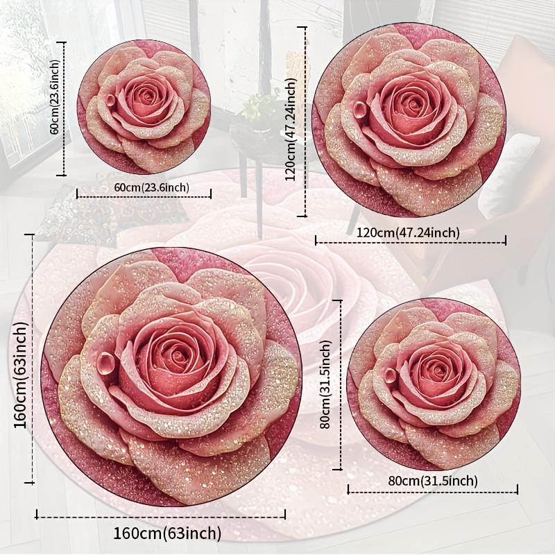 Elegant Pink Rose Round Rug with Dewdrops Non-Slip Machine Washable Floor Mat 2D Flat Aesthetic Floral Carpet for Bedroom Girls Room