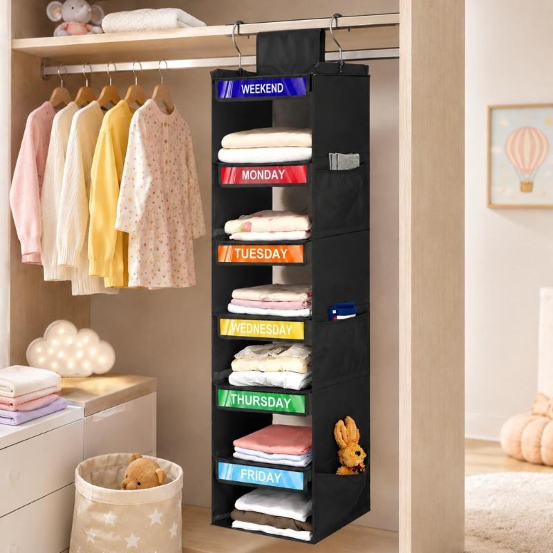 Hanging Closet Shelves for Kids Clothes, 6 Section Weekly Storage with Side Pockets and Fabric Shelf Design for Home Use