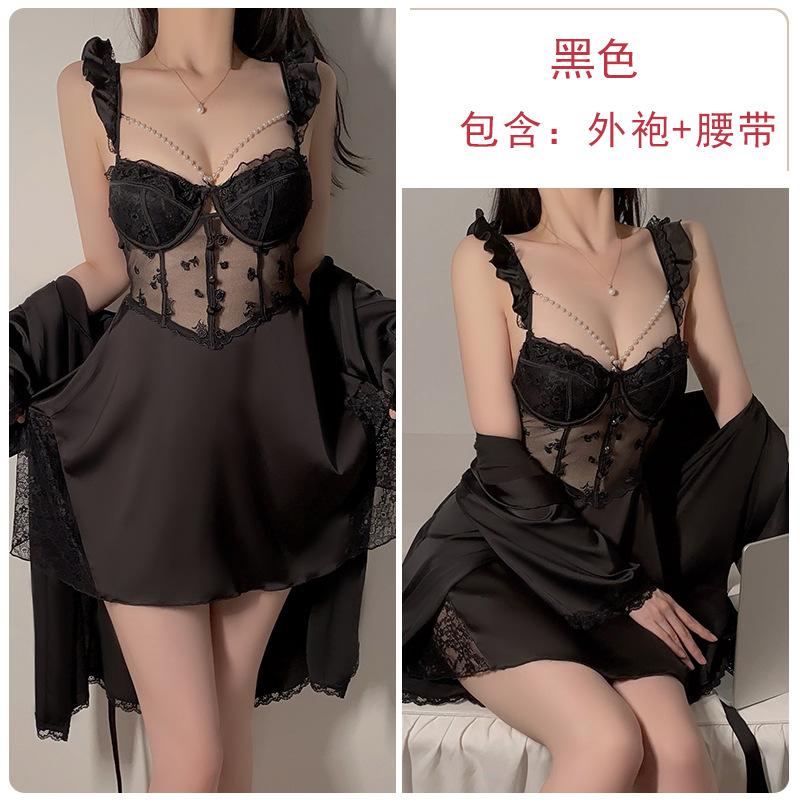 Pure Desire Mesh Gathering Plus Chest Pad Perspective Temptation Hollow Backless Nightdress Robe Loungewear Set
