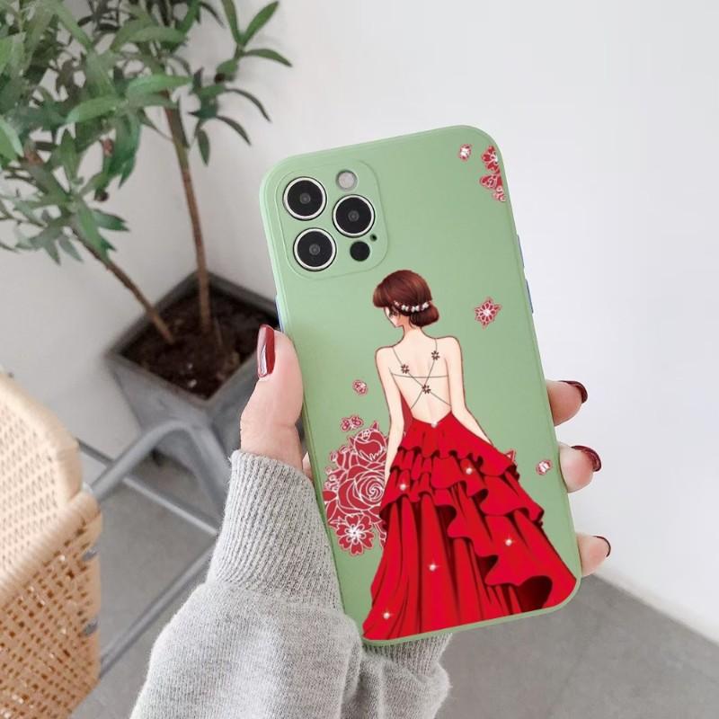 Girl In Red Dress Phone Case For IPhone 14 11 12 13 Pro Max X XR XSMax 6 6S 7 8 Plus SE 2022 Soft Square Color Phone Cover