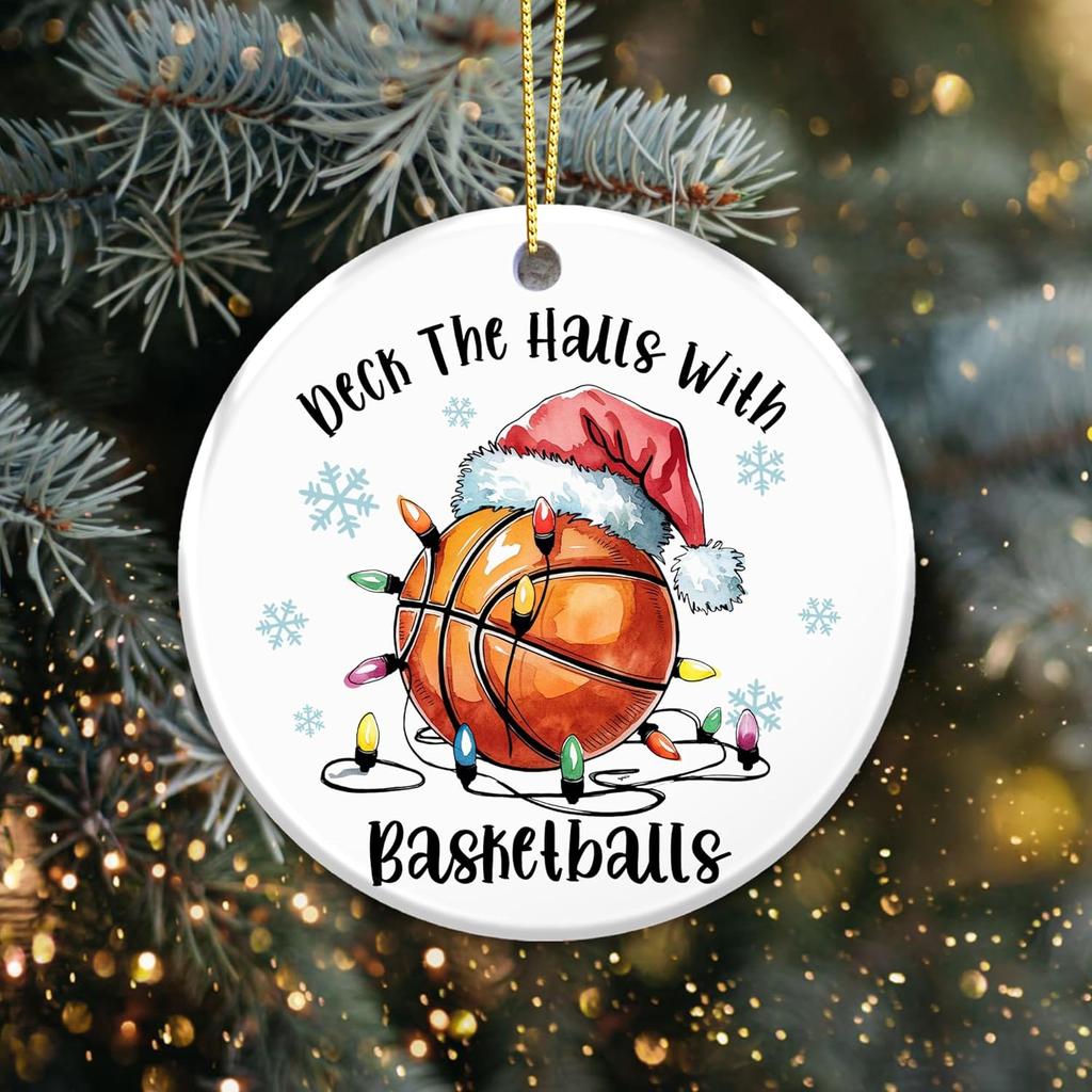 Basketball Ornament 2025, Deck The Halls with Basketballs Ornament – Santa Hat and Lights, White Elephant Gift for Players, Coaches, and Fans,