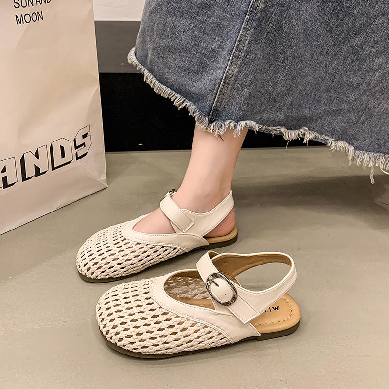 

Summer new woven hollow breathable sandals soft bottom word with lazy bag head half slippers women s fashion 40 бежевый