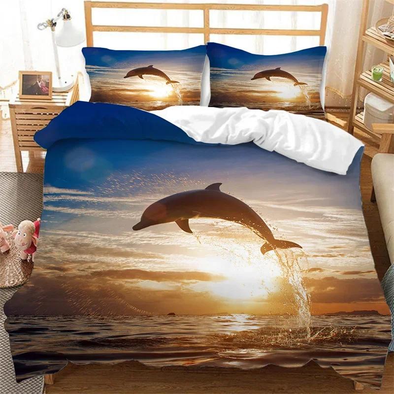 Sea Animal Turtle Duvet Cover Queen Microfiber Dolphin Octopus Conch Starfish Quilt Cover Ocean Theme Bedding Set For Boys Girls