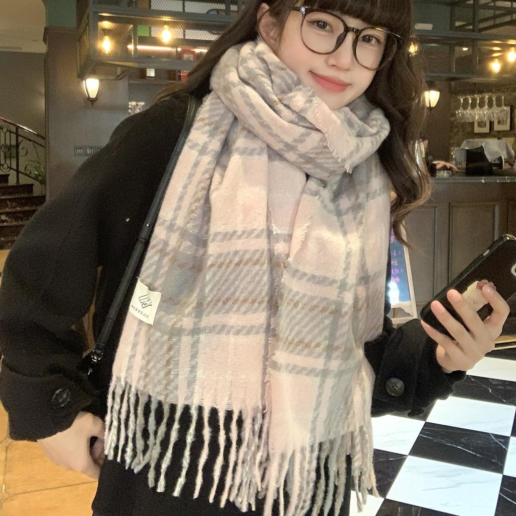 New Fashion Korean Plaid Scarf Women's Winter Feeling Thickened and Versatile Imitation Cashmere Shawl Warm Scarf Maillard Series