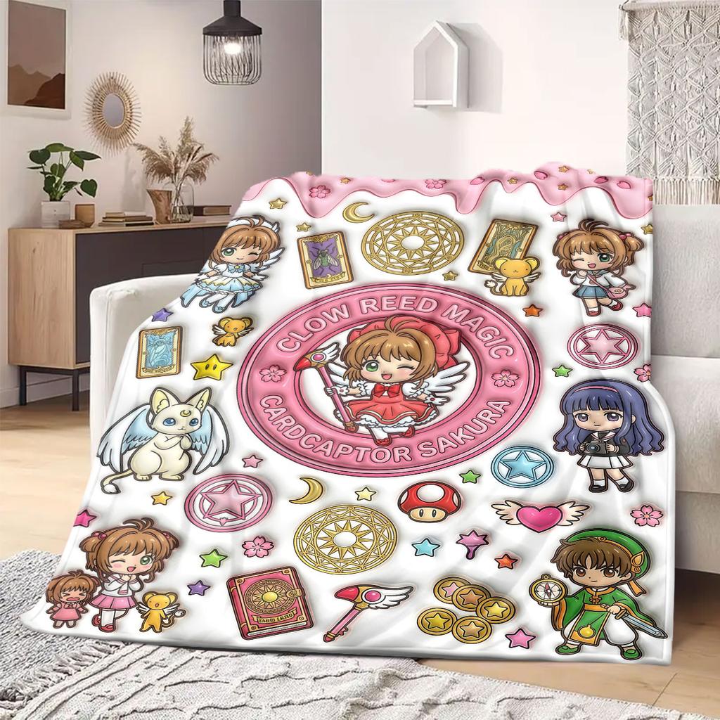 Cardcaptor Sakura Bold 2D Print Flannel Blanket, Cartoon Pattern for Bed, Cozy Travel Picnic Essentials Blanket_LIAN