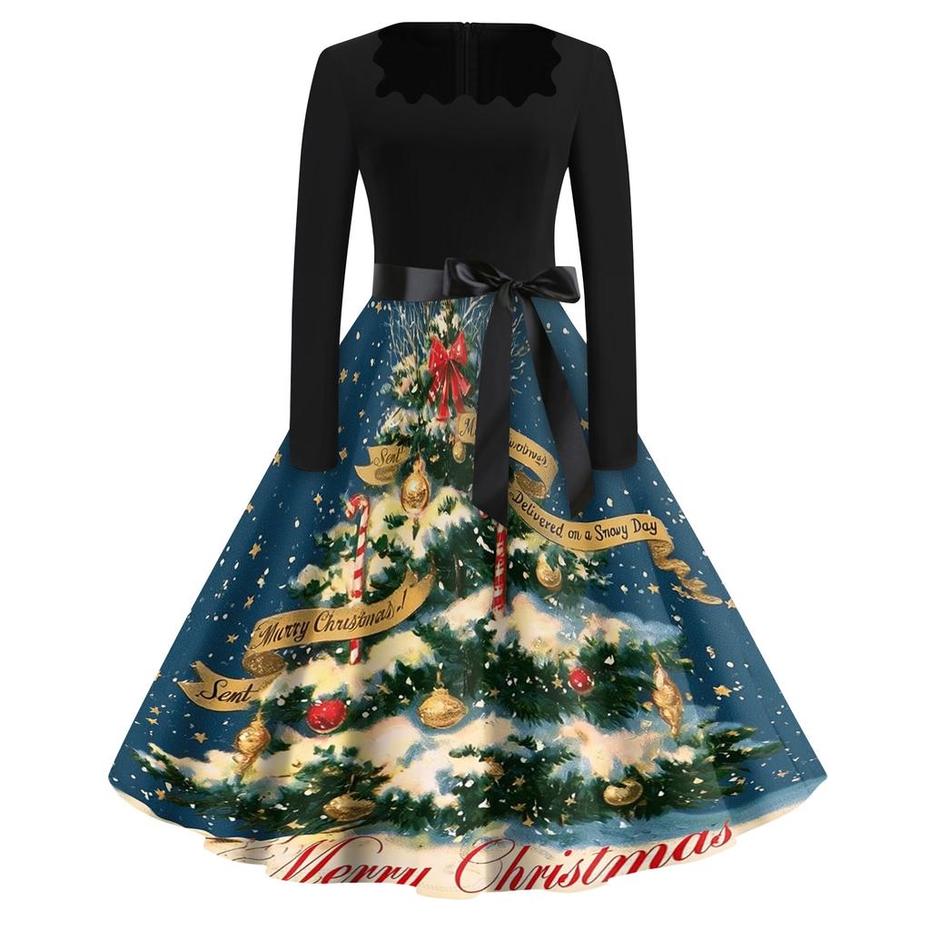 Women's Casual Vintage Dress with Square Neck and Christmas Print for Holiday Party