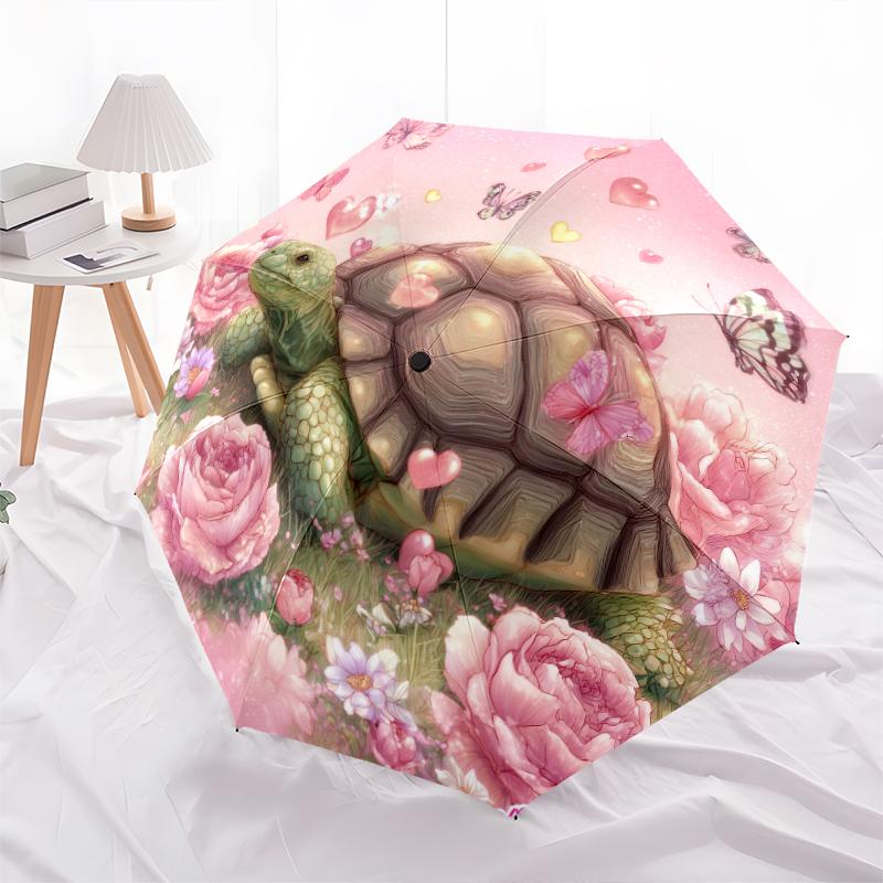 Turtle and Flower Pattern, Automatic Folding Umbrella, Portable and Foldable Design, 8 Ribs, a Christmas or Birthday Gift.