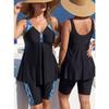 Women S Plus Size Printed Split Tankini Swimsuit Black Leaf Pattern