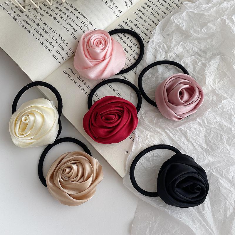 French Stain Rose Flower Elastic Hairbands Women Girls Hair Ropes Ties Flower Hair Scrunchies Ponytail Holder Hair Accessories