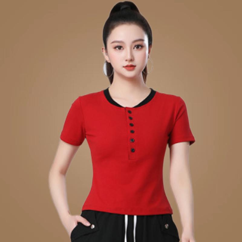 Summer Women's Slimming Dance T-Shirt: Round Neck, Button-Down, Versatile, Short Sleeve, Cotton Fashion Top