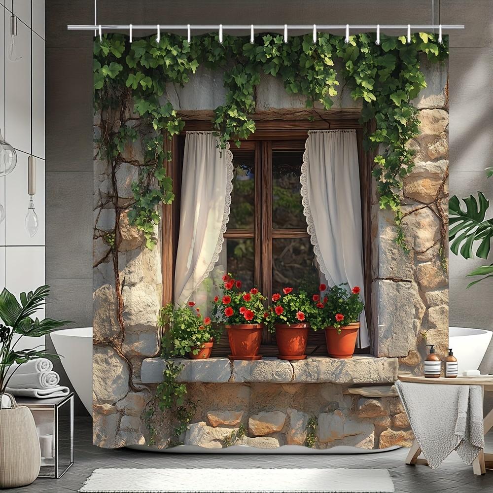 Holen Sie sich die Natur ins Haus mit diesem wasserdichten Duschvorhang mit einer rustikalen Fensterszene für ästhetischen Reiz