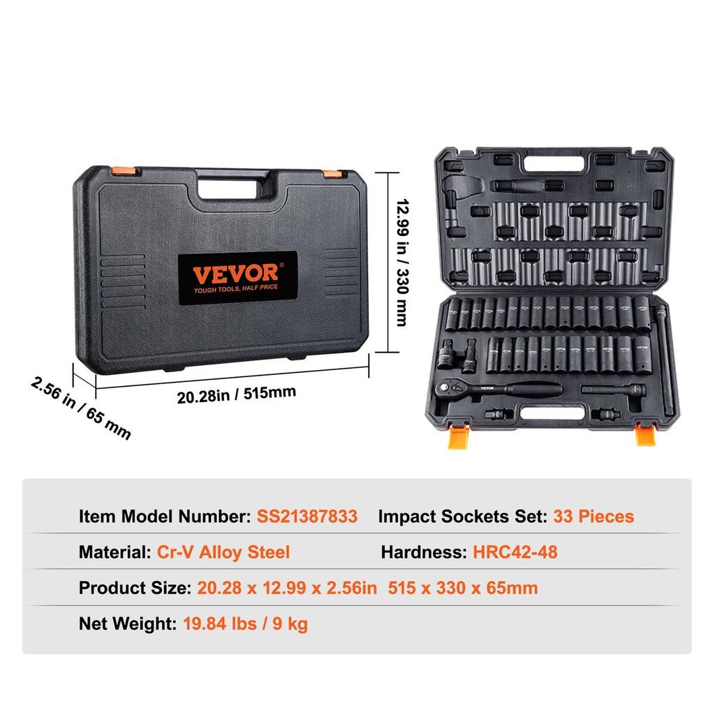 1/2" Drive Impact Socket Set, 33 Piece Socket Set SAE 3/8"-1" and Metric 10-24mm, 6 Point Cr-V Alloy Steel for Auto Repair, Easy-to-Read Size