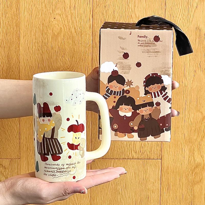 Retro Style Family of Four Boys and Girls Ceramic Mug Couple Large Capacity Coffee Cup Girl Birthday Gift