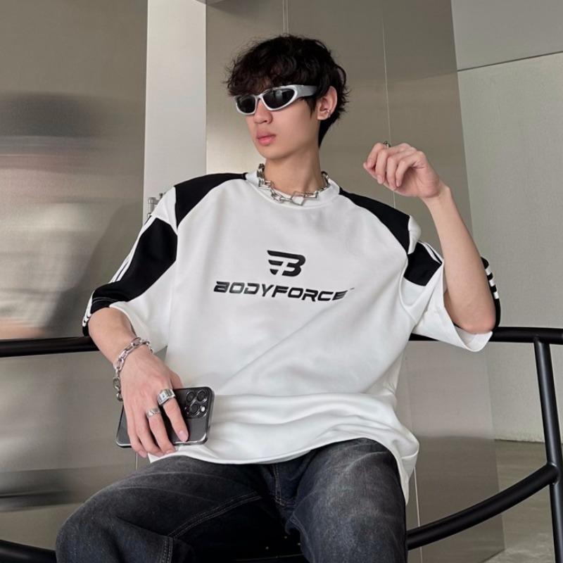 Spring and Summer New Men's Color Block Printing Shoulder Pad Loose Casual Short Sleeve T-shirt