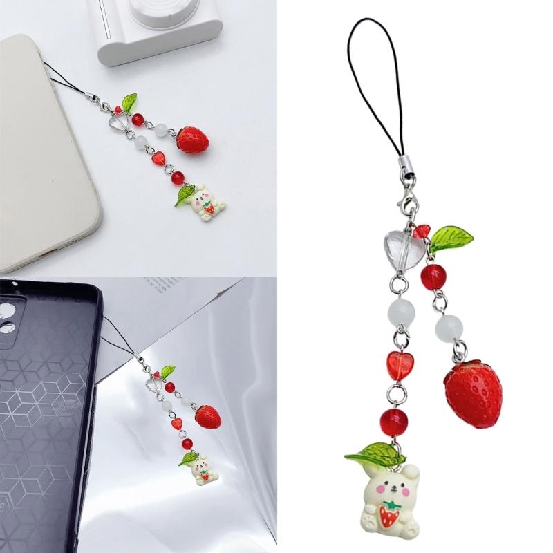 Stylish Phone Chain Strawberry Rabbit Charm Keyring Pendant Beaded Keychain