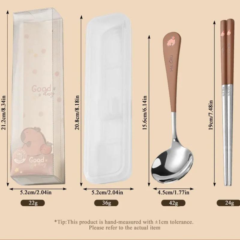 1Pcs Portable Cutlery Set Stainless Steel Cute Cartoon Animal Pattern Handle Spoon Chopstick with Box Travel Student Dinnerware Set
