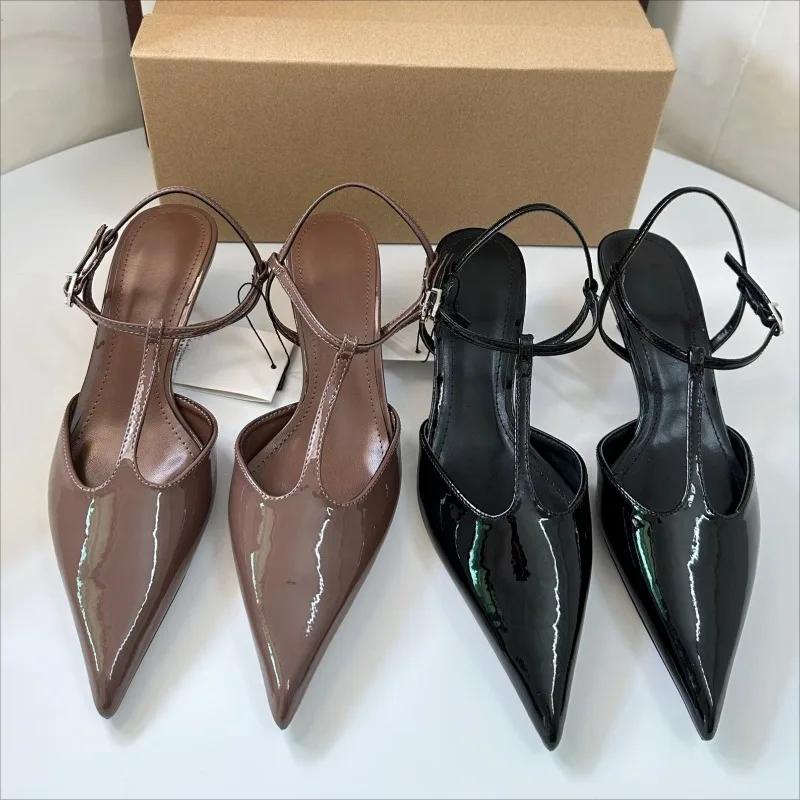 Fashion High Quality Low Heel Ankle Strap Summer Women Modern Sandals Sexy T-Strap Pointed Toe Soft Leather Elegant Office Lady Shoes