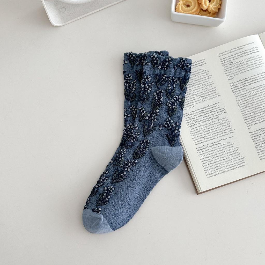 Autumn And Winter Retro Wide-Mouth Relief Socks Cotton Mid-Leg Women'S Socks Women'S Japanese Ethnic Style Floral Stockings Literary And Artistic