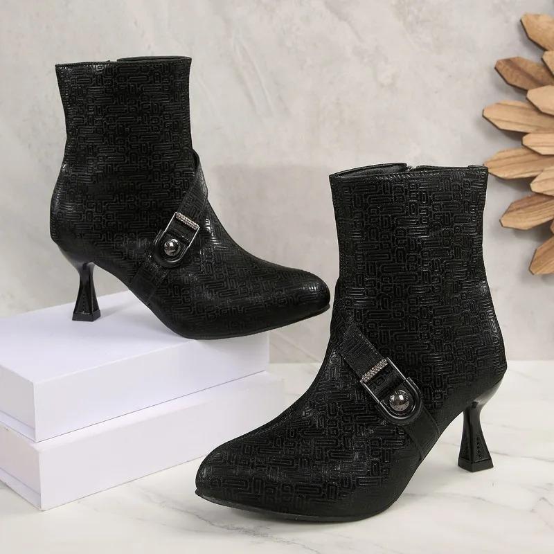 Winter New Metal Buckle Decorative Stiletto High Heels Fashion Boots Side Zipper Anti slip Wear resistant High Heels