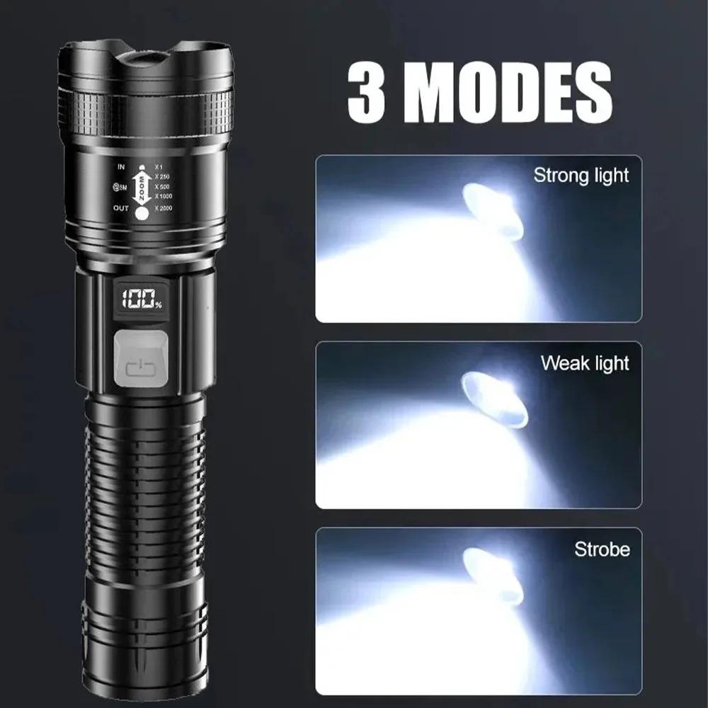 Super Bright Rechargeable LED Flashlight Digital Display Portable Waterproof Tactical Torch for Camping Hiking Emergency Lantern