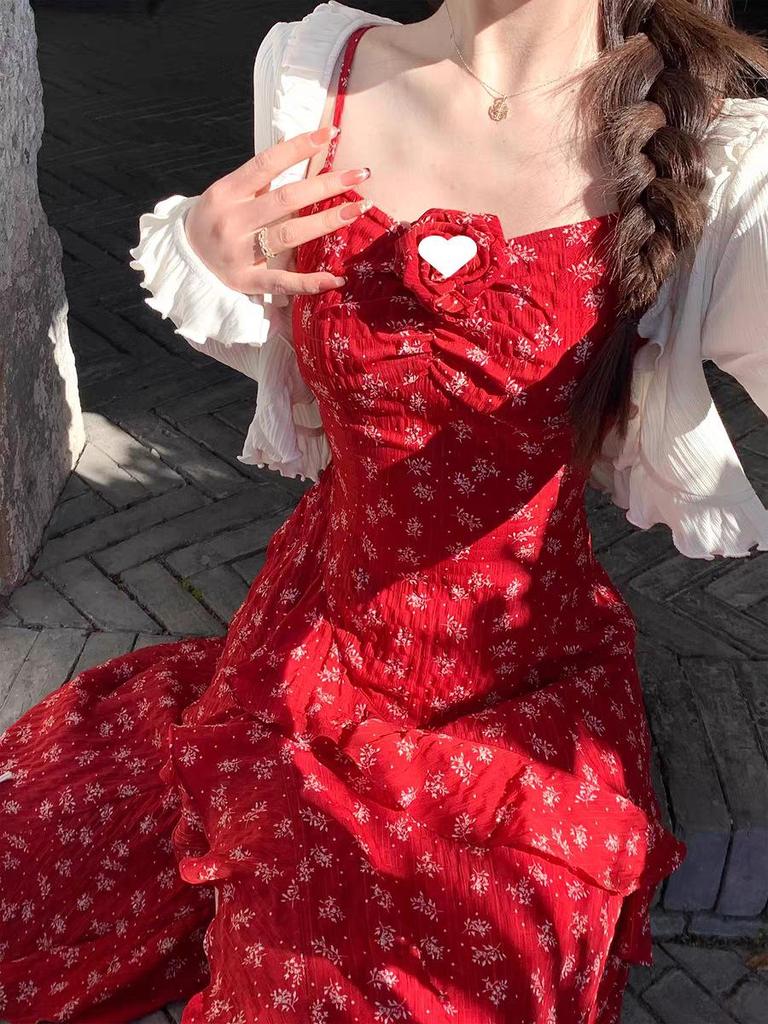 Spring/Summer 2025 Q Lady Red Floral Maxi Cami Dress with Slit