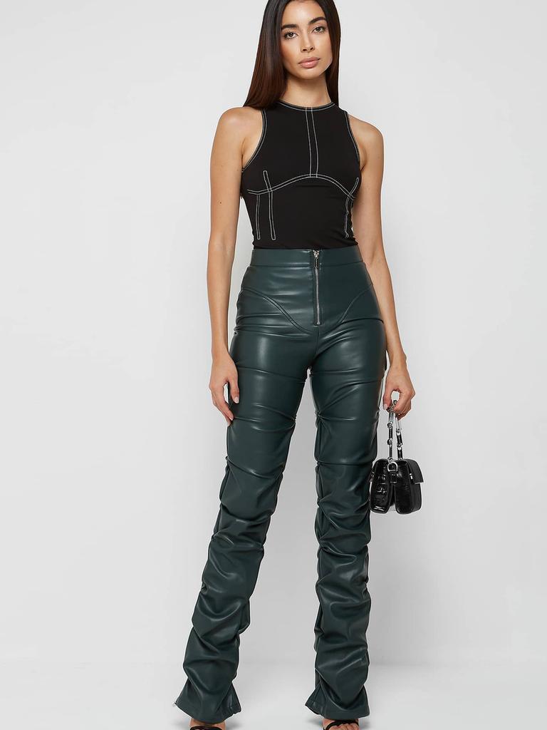 Damen Mode Schlank Geschnittene PU-Leder Lange Hosen, Persönlichkeit Faltbare Micro-Saum Hosen für Damen, Neue Saison