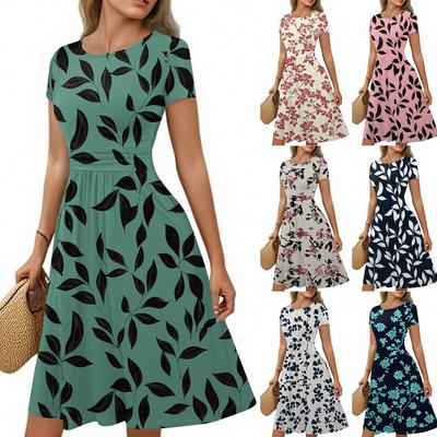 Women's Casual Fashion Round Neck Pleated Short Sleeve Retro Floral A-Line Midi Dress