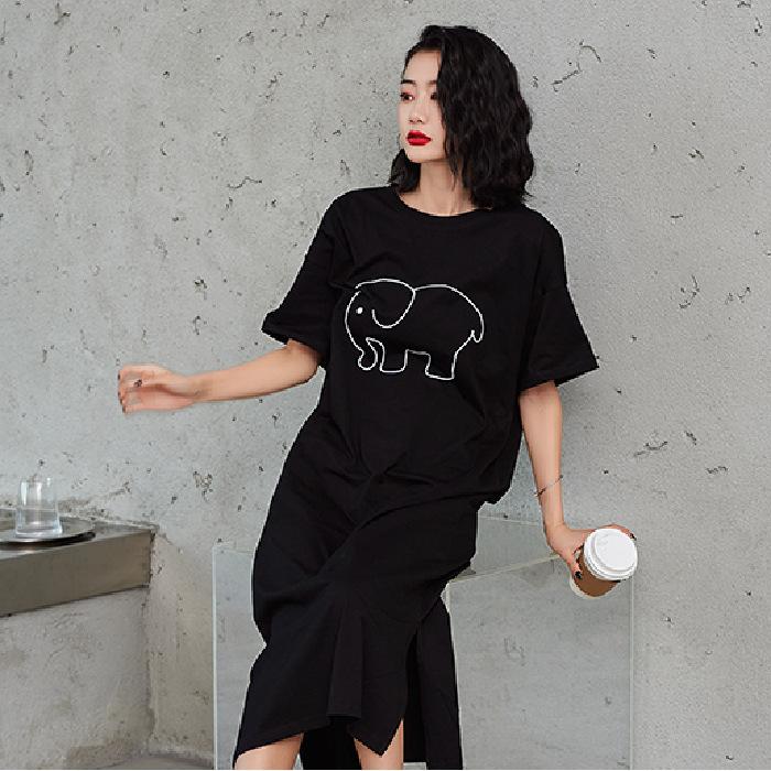 Summer Korean style new black T-shirt dress, women's plus-size loose dress,  casual women's round-neck long dress Buy cheaply on Joom