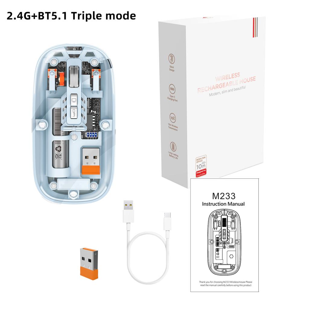 The Third Mock Examination Transparent Mouse 2.4G Wireless And BT5.1 Rechargeable Built-in 500mA Lithium Battery Mute