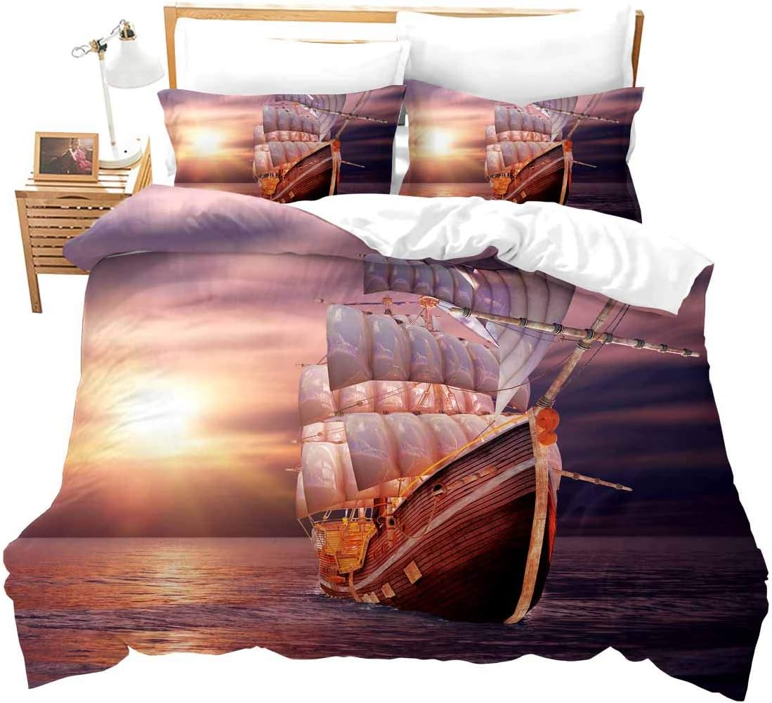 

Морской комплект одеяла Синий океан Набор пододеяльника, Рисунок корабля на пляже, Декор якоря парусника, Угловые завязки, Волнистый узор EU Twin(135x200cm)