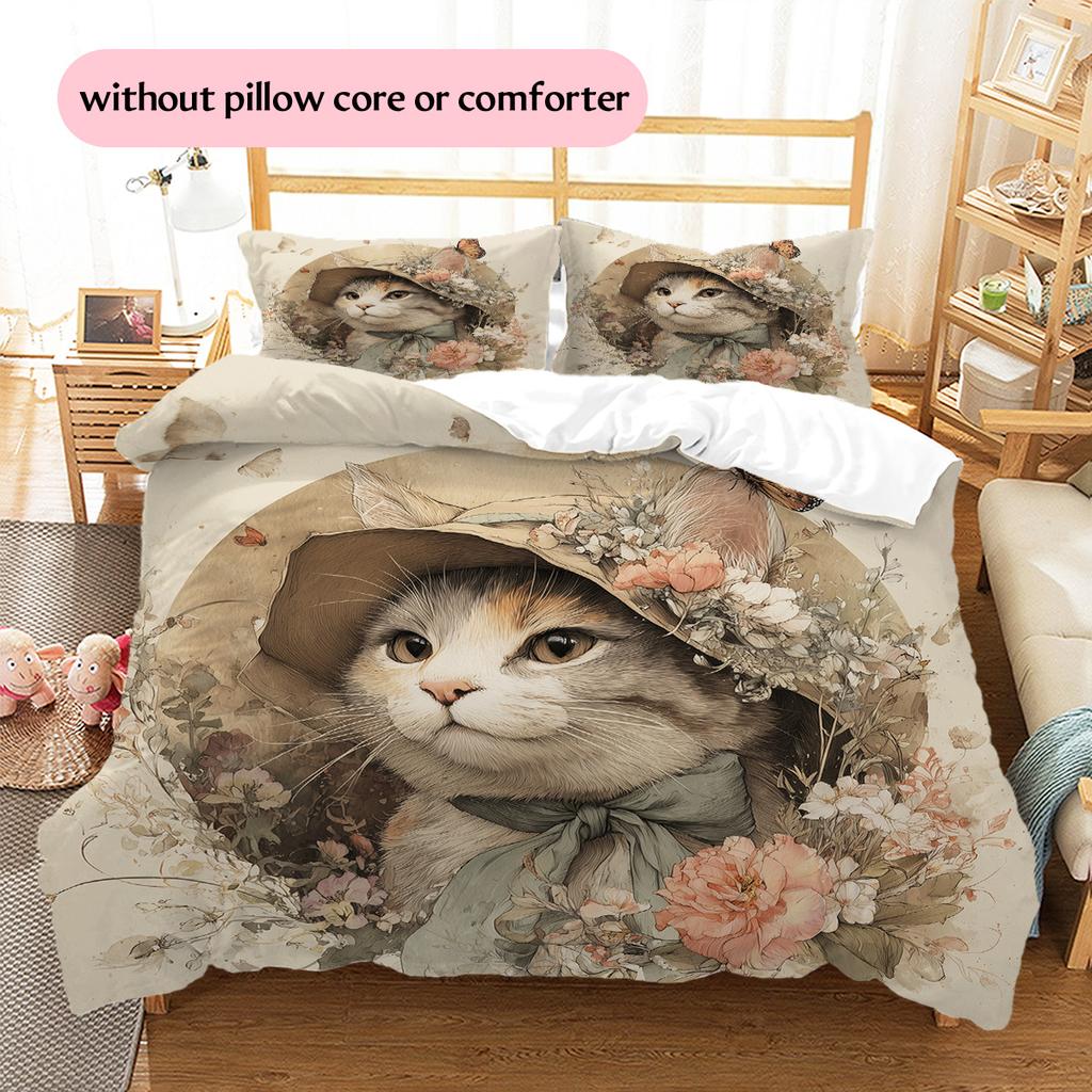 Set Copripiumino Trapuntato con Fantasia Gatto con Cappello Vintage Decorazione per la Casa Regalo (1 * copripiumino + 2 * federa, senza nucleo)