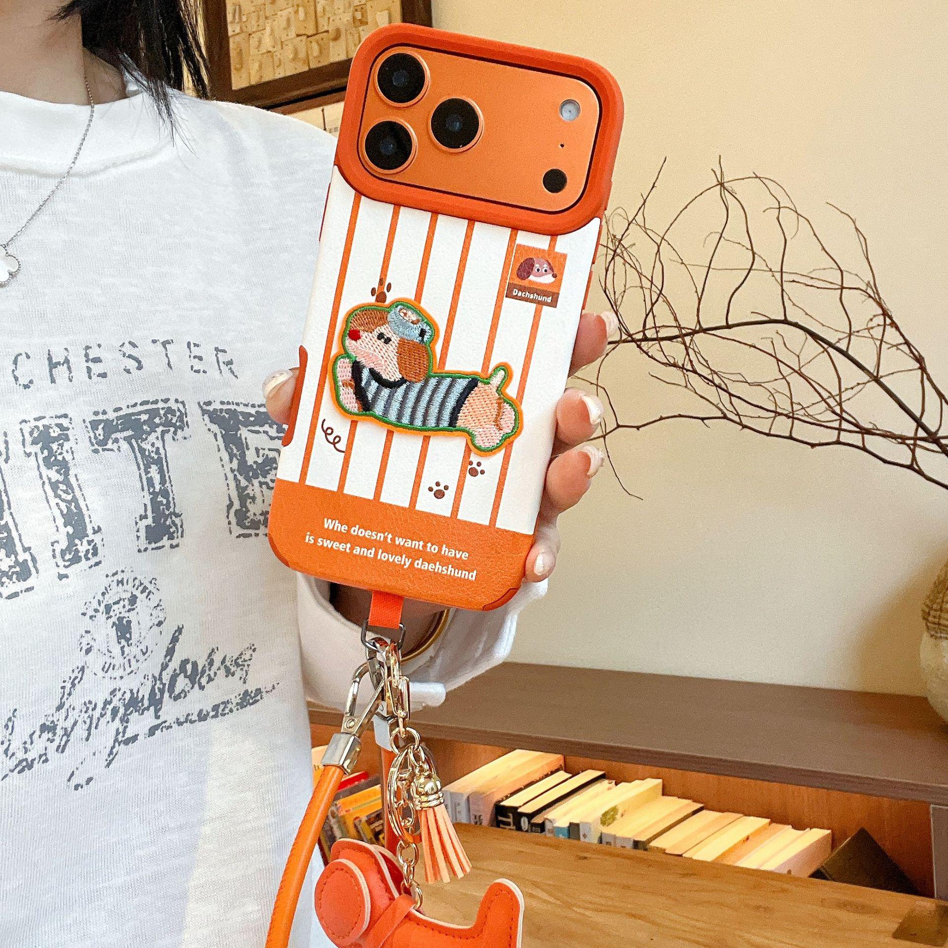 

Оранжевый вышитый защитный чехол с ремешком для iPhone 17 Pro Max Huawei Pura 70