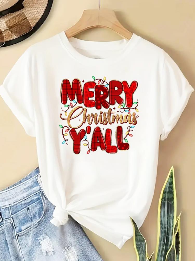 (Asian Size) New Year T Clothing Short Sleeve T-shirts  Print Merry Christmas Letter 90s Trend Cute O-neck Women's Top Fashion Holiday Graphic Tee