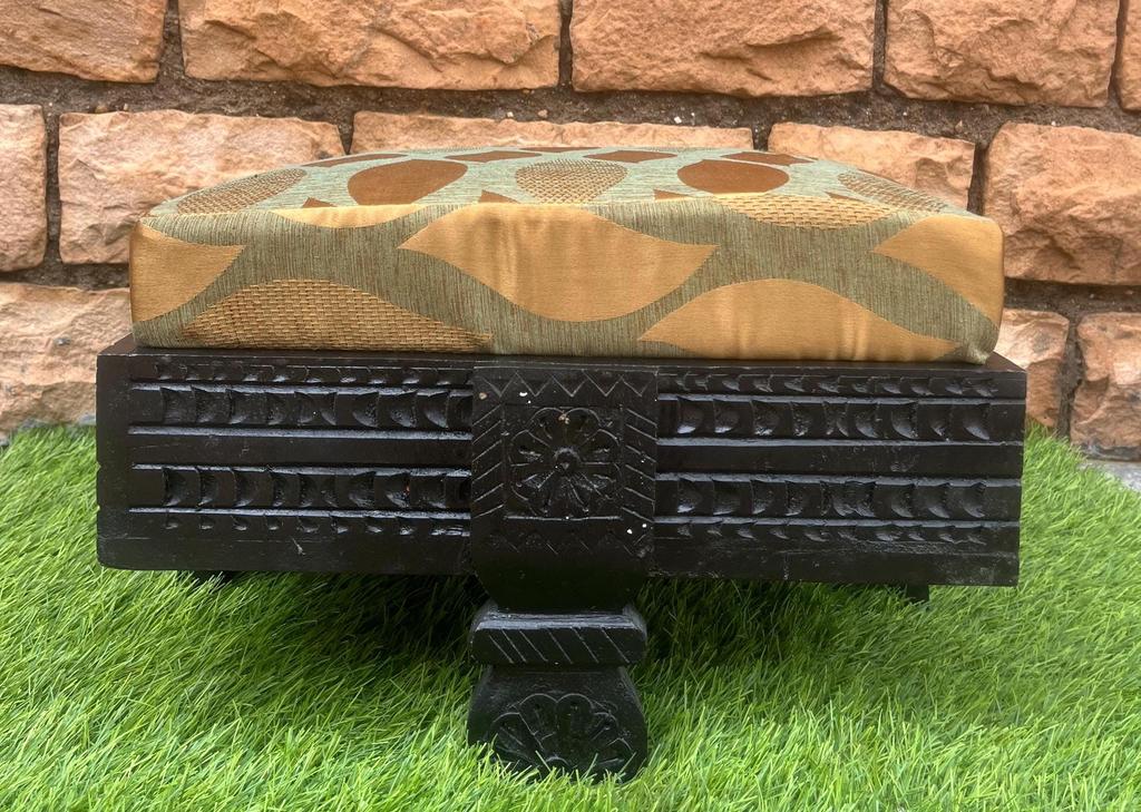 Wood Carved Sitting cushion Chakki Grinder Table- Furniture with cushion-Footstool Leather Cushion-Home Decor Style Carved Ottoman Low Stool