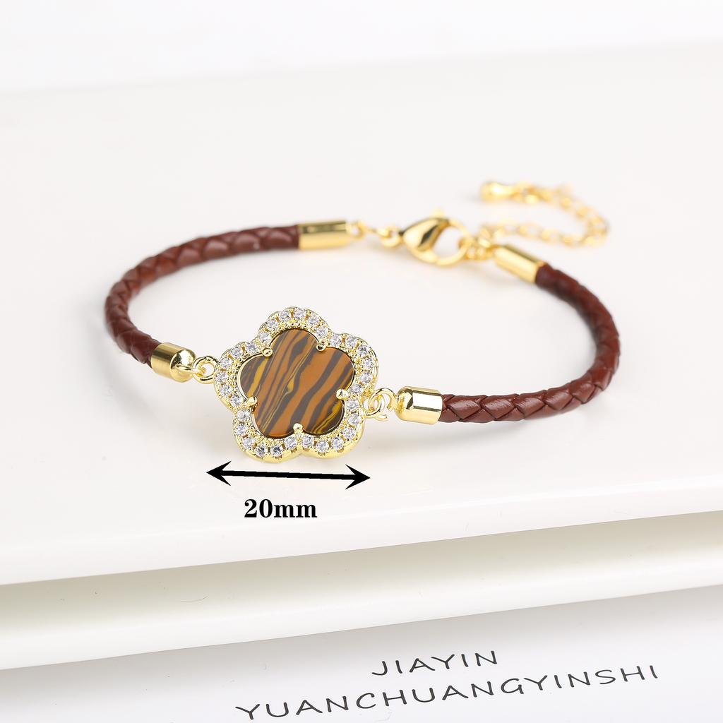 Klassisches geflochtenes Armband mit Charms aus echtem Leder und Naturstein, fünfblättrige Blume, für Damen Mädchen, Party, Hochzeit, Schmuck, Geschenk