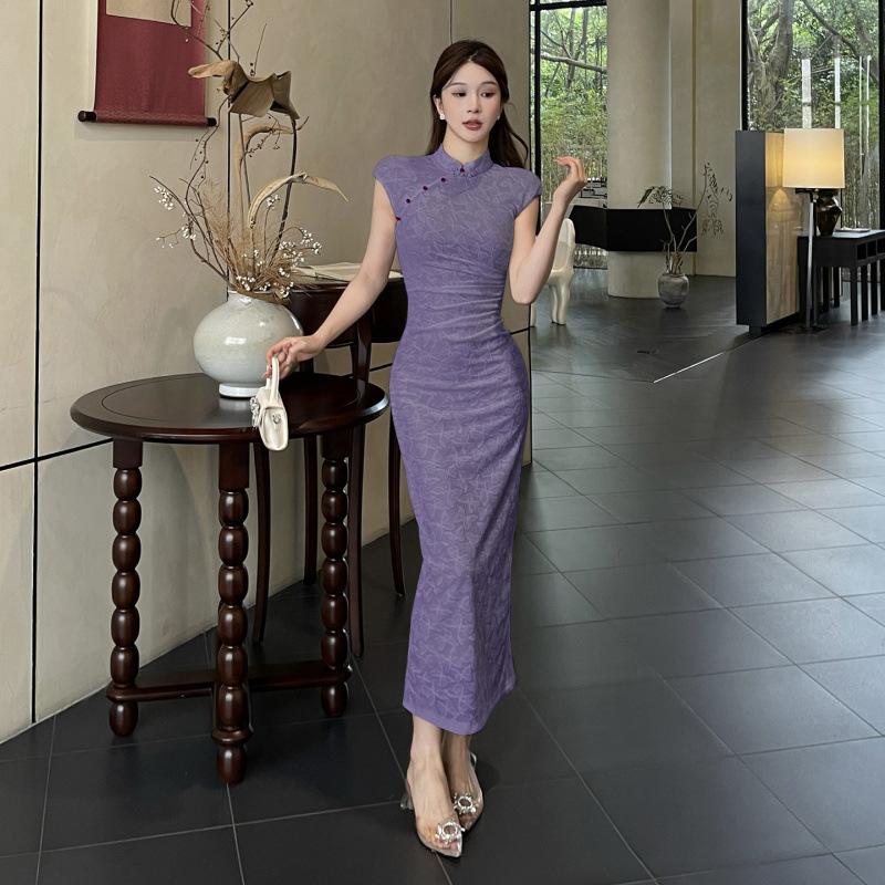 New Chinese Style Cheongsam Split-ended Dress Women's Ins Temperament Slim Summer New Short-sleeved Long Dress