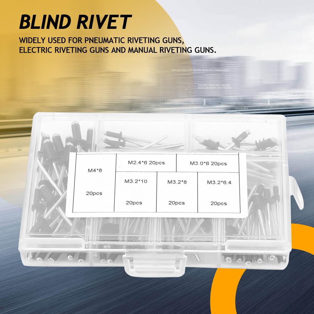 120pcsset M2.4  M3.0  M3.2  M4 Aluminium Blind Rivets Fasteners Assortment Kit with Box