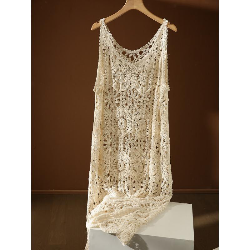 

DIMANAF 2024 Новое платье женское трикотажное кружевное длинное открытое сексуальное жилет с круглым вырезом открытое летнее платье топы футболки свободные базовые черные One Size бежевый