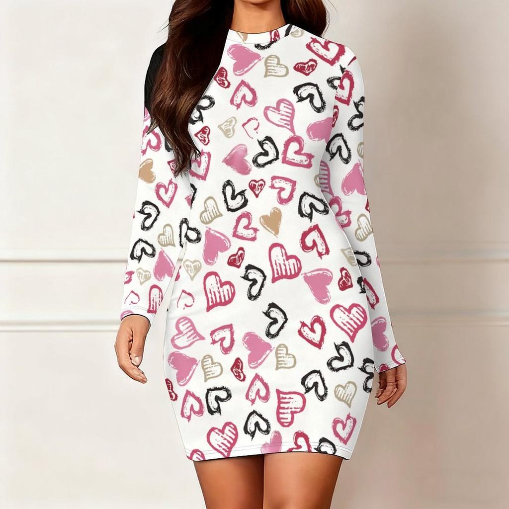 2025 Herbst und Winter Neu 3D Liebesmuster Druck und Färbung Damenmode Langärmeliges Rundhals Hüftbetontes Kleid Valentinstag Limited