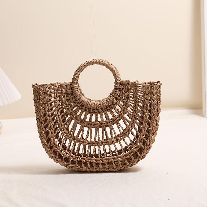 IELGY Fashion Hollow Semicircle Portable Straw Bag Round Handle Contrast Color Woven Vacation Beach Bag