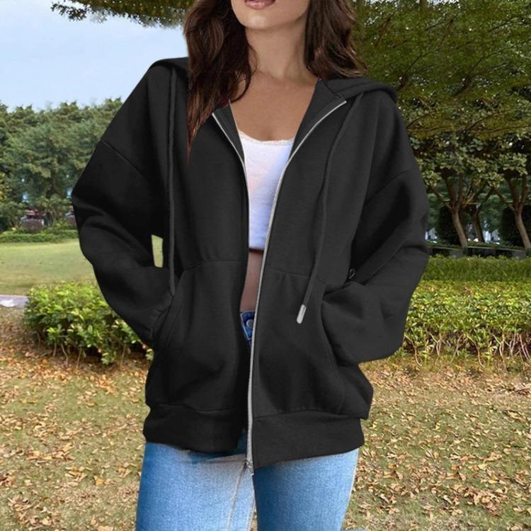 Women Fashion Casual Hooded Long Sleeve Solid Color Zippered Sweatshirt
