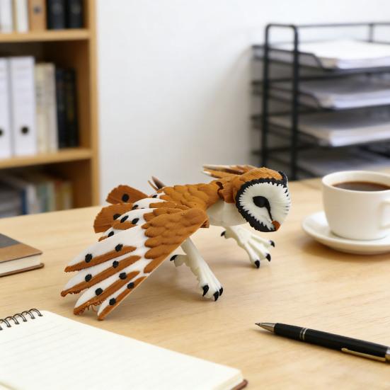 3D Printed Barn Owl Flexible Articulated Owl Model Lifelike Bird Sculpture Collectible Desk Toy for Stress Relief