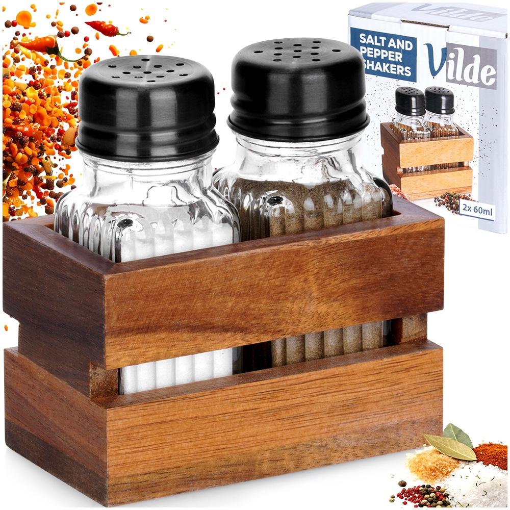 Salt and pepper shakers with stand, 3 pieces.