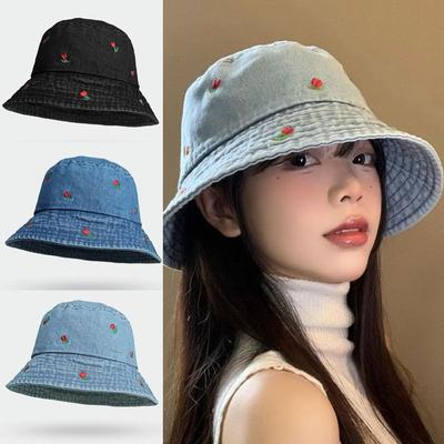 Sombrero de Pescador de Mezclilla Transpirable Bordado con Rosas Ala Ancha Plegable Sombrero de Cubo para Mujer Protección Solar Sombrero de Sol para Playa Exterior