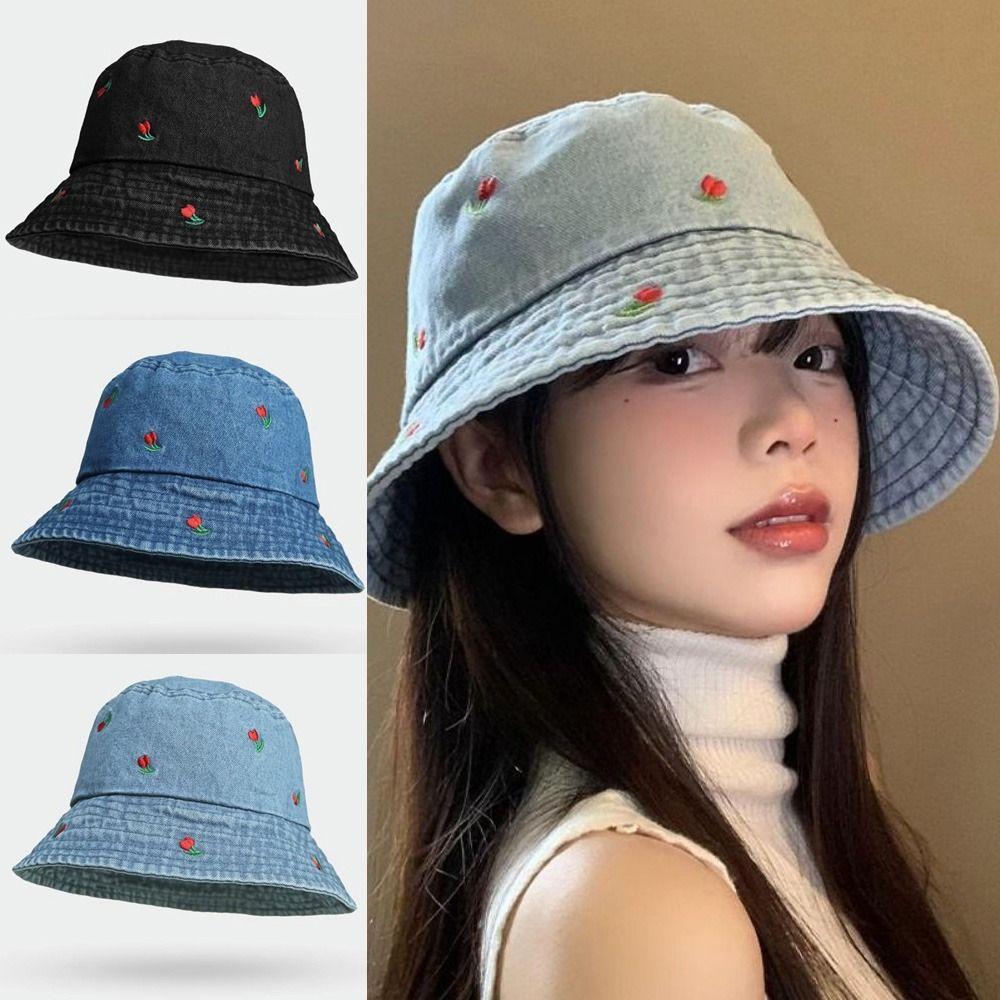 Foldable Women's Bucket Hat Rose Embroidered Beach Sun Hat Breathable Denim Fisherman Hat Summer
