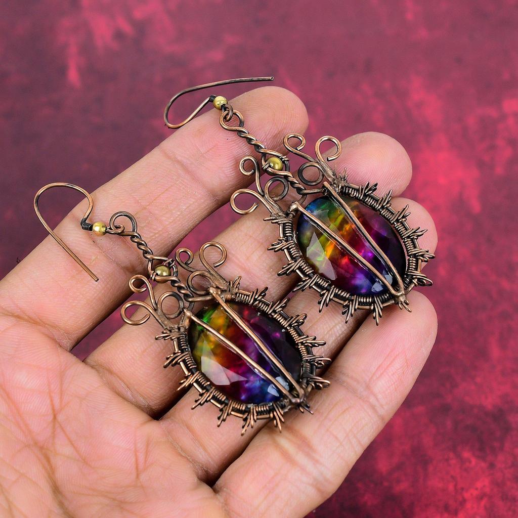 Facettierte Ammolit Ohrringe Kupferdraht umwickelte Ohrringe Handgemachte Ohrringe Brandneue Ohrringe Kupferdraht-Wicklung Edelstein Schmuck Jubiläumsgeschenke