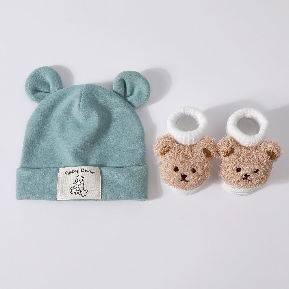 2Pcs/Set Soft Bear Ear Beanie Cotton Baby Turban Socks Cute Baby Hat Socks Set Autumn Winter