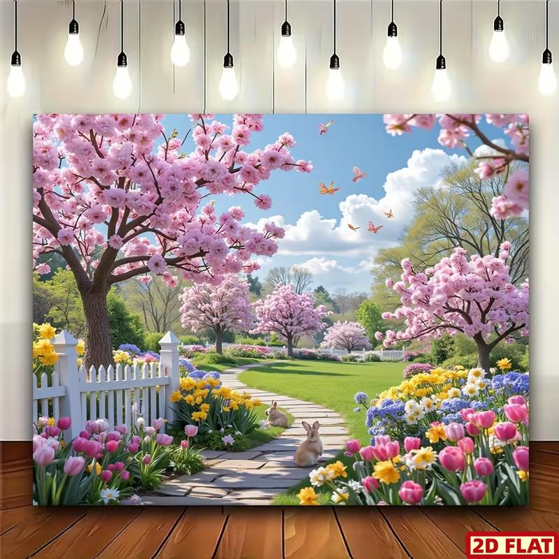 

2D Floral Easter Tapestry, 2D Flat Printing Spring Cherry Blossom Garden Background Cloth 47.2x31.5inch/120*80cm