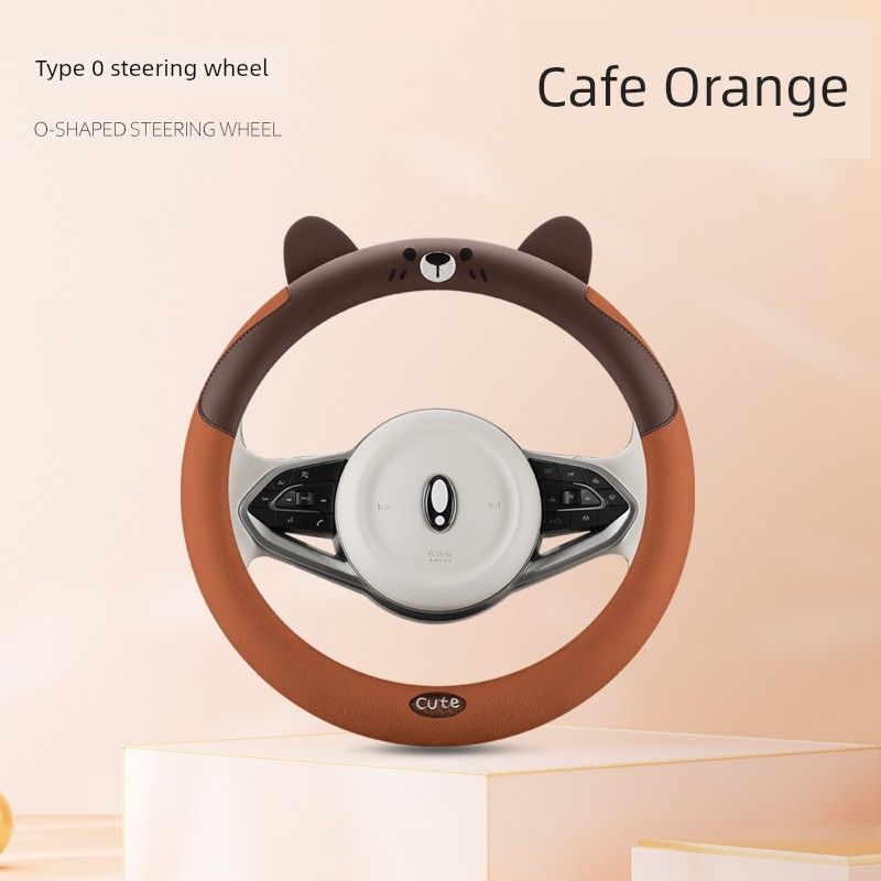 2025 New Arrival Bear Suede Car Steering Wheel Cover Universal Grip Cover Suitable for Four Seasons Cartoon Coffee Orange [Round]